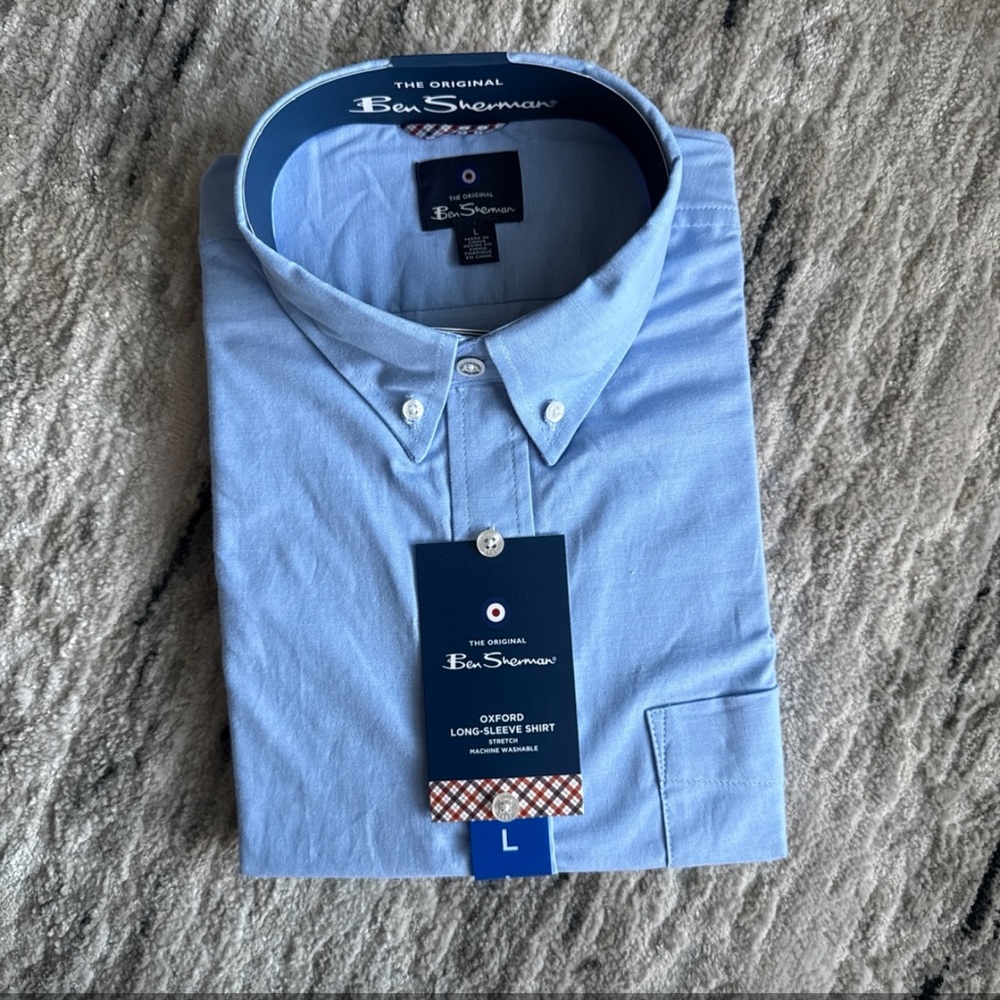 Ben Sherman Men's Oxford Long-Sleeve Button Up Shirt Large Blue